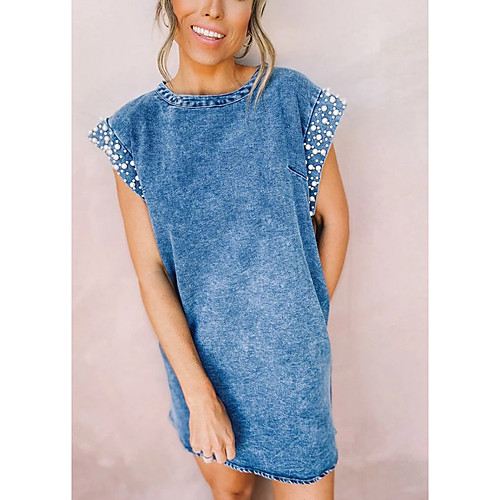 

Women's Denim Dress Short Mini Dress Blue Sleeveless Print Solid Color Summer Round Neck Casual 2021 S M L