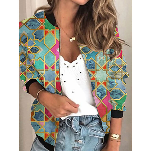 

Women's Jacket Daily Spring & Fall Regular Coat Regular Fit Active Streetwear Jacket Long Sleeve Geometric Print Green / Holiday