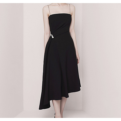 

A-Line Empire Minimalist Wedding Guest Cocktail Party Dress Spaghetti Strap Sleeveless Asymmetrical Stretch Fabric with Pearls Draping 2021