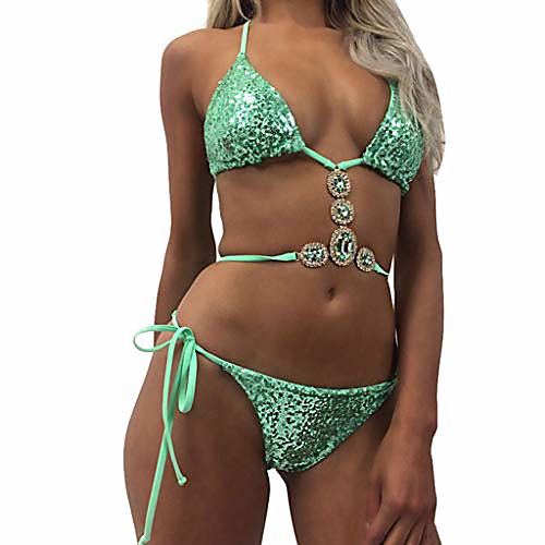 

gocheaper women crystal drill sequins bikini set beach swimwear beachwear swimsuit(green,m)
