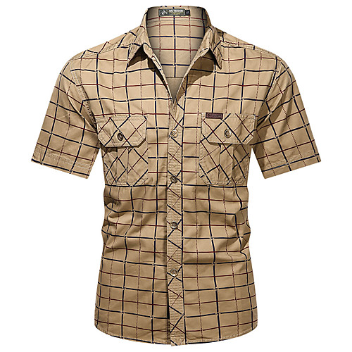 

Men's Shirt Other Prints Tartan Print Short Sleeve Casual Tops 100% Cotton Simple Casual Army Green Khaki Royal Blue / Summer / Work