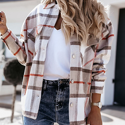 

Women's Jacket Daily Spring & Fall Regular Coat Shirt Collar Regular Fit Jacket Long Sleeve Plaid Pink plaid Green grid / Holiday
