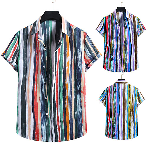 

Men's Shirt Other Prints Striped Colorful Print Short Sleeve Casual Tops Tropical Hawaiian Button Down Collar Rainbow