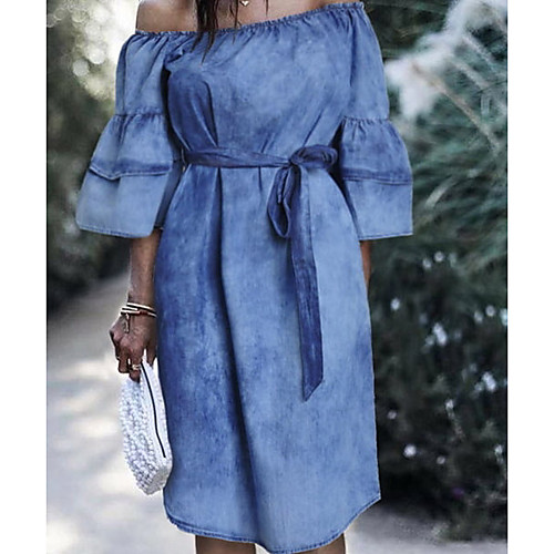 

Women's Denim Dress Knee Length Dress Blue Half Sleeve Solid Color Summer Off Shoulder Elegant 2021 S M L XL