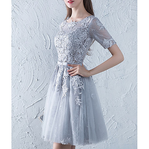 

A-Line Jewel Neck Short / Mini Lace / Tulle Bridesmaid Dress with Sash / Ribbon / Appliques