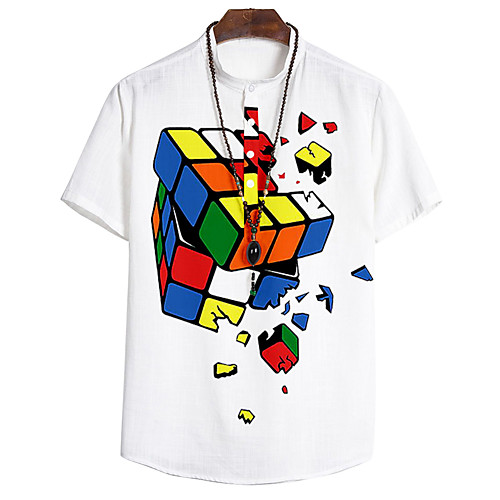 

Men's Shirt 3D Print Rubik's Cube 3D Print Button-Down Short Sleeve Casual Tops Casual Fashion Breathable Comfortable White / Sports / Stand Collar