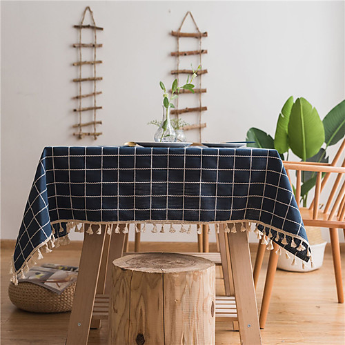 

Table Linens polyester fibre Dust-Proof Contemporary Embroidered Tabel cover Table decorations for Daily Wear rectangule 6060 cm Navy blue embroidery (2.8) small lattice with broom tassel 1 pcs