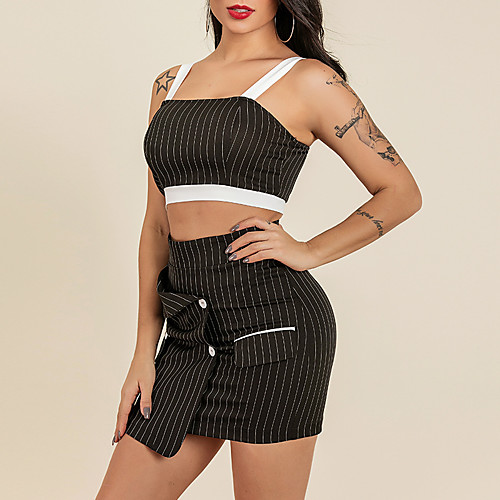 

Women's Streetwear Striped Going out Casual / Daily Two Piece Set Crop Top Skirt Zipper Tops