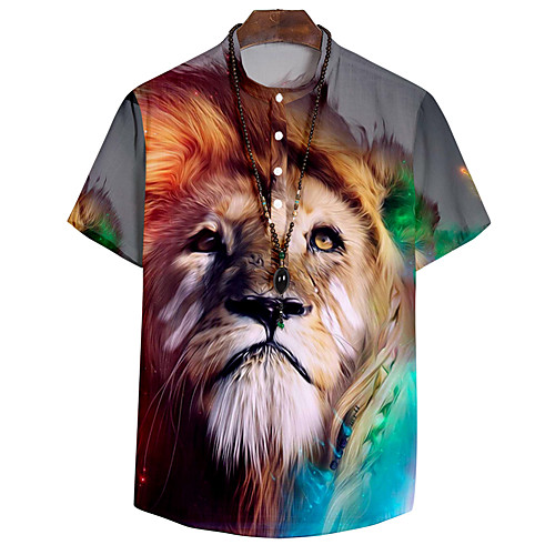 

Shirt Men's Lion Animal 3D Print Button-Down 3D Print Casual Short Sleeve Tops Casual Fashion Breathable Comfortable Rainbow