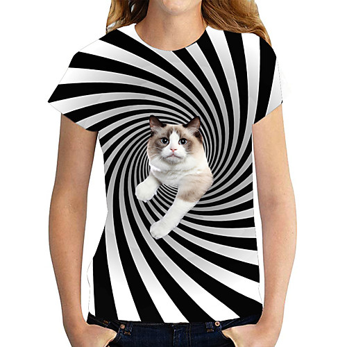 

Women's 3D Cat T shirt Cat Graphic 3D Print Round Neck Basic Tops Black