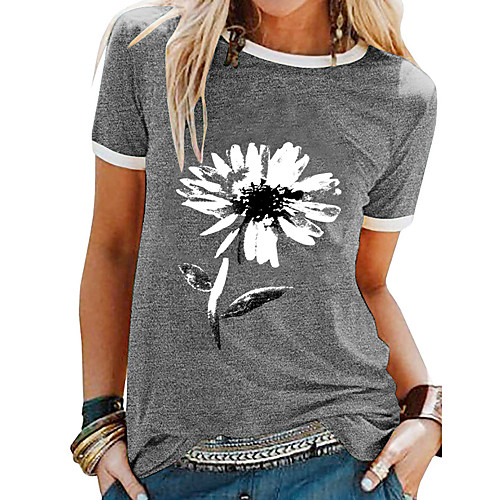 

Women's T shirt Floral Flower Round Neck Tops Cotton Blue Purple Green
