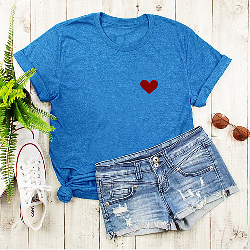 

Women's T shirt Graphic Heart Print Round Neck Tops Basic Basic Top Black Blue Blushing Pink