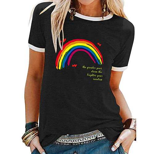 

Women's T shirt Rainbow Letter Patchwork Print Round Neck Tops Basic Basic Top White Black Blue