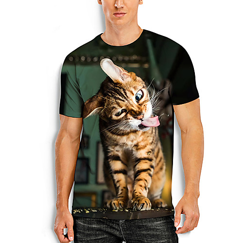 

Men's Tees T shirt 3D Print Cat Graphic Prints Animal Print Short Sleeve Daily Tops Basic Casual Green