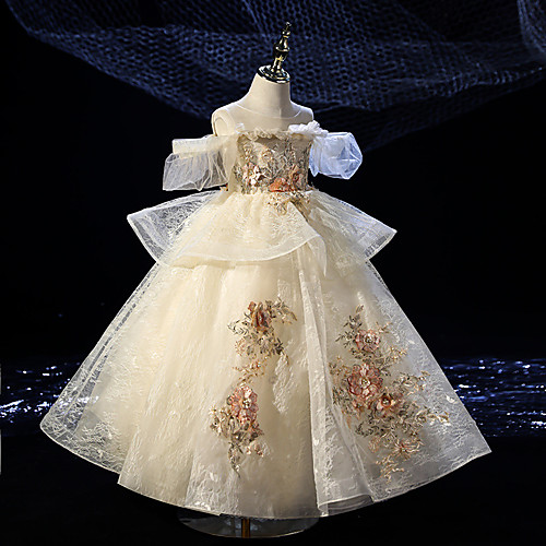 

Princess Tea Length Flower Girl Dresses Birthday Lace Short Sleeve Jewel Neck with Tier