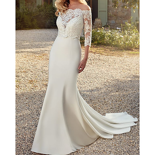 

Mermaid / Trumpet Wedding Dresses V Neck Sweep / Brush Train Lace Satin Sleeveless Romantic Simple with Appliques 2021