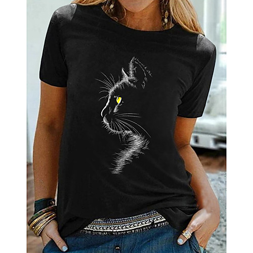 

Women's 3D Cat T shirt Cat Graphic 3D Print Round Neck Basic Tops Black