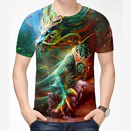 

Men's T shirt Shirt 3D Print Dragon Graphic 3D Plus Size 3D Print Short Sleeve Daily Tops Chinese Style Casual Round Neck Gray / Navy Grey Green / Summer