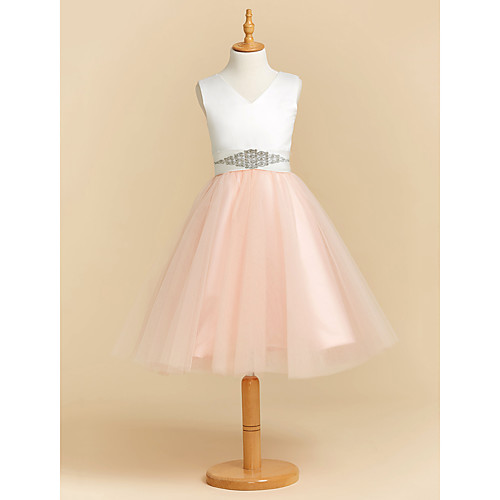

Ball Gown Tea Length Flower Girl Dresses Party Satin Sleeveless V Neck with Sash / Ribbon