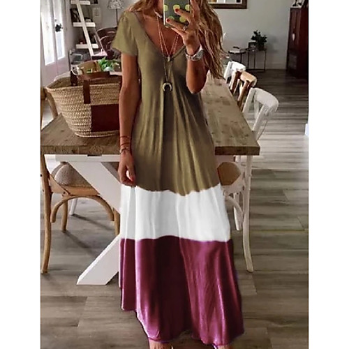 

Women's Swing Dress Maxi long Dress Blue Gray Green Light gray Red Brown Short Sleeve Print Color Block Patchwork Print Summer V Neck Casual Loose 2021 S M L XL XXL 3XL