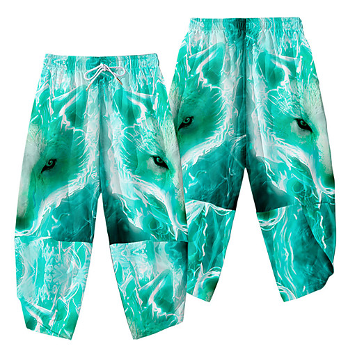

Men's Casual / Sporty Athleisure Daily Sports Harem Loose Wide Leg Pants Wolf Full Length 3D Print Elastic Waist Green