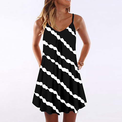 

Women's Strap Dress Knee Length Dress Blue Black Red Sleeveless Striped Print Summer Round Neck Casual Loose 2021 S M L XL XXL