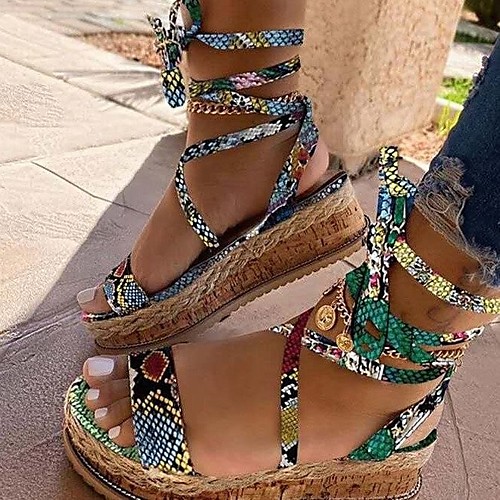 

Women's Sandals Lace up Boho Bohemia Beach Platform Sandals Wedge Heel PU Green Black Brown