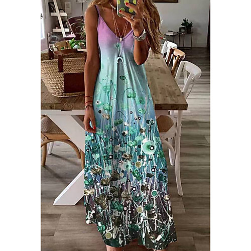 

Women's Strap Dress Maxi long Dress Blue Purple Green Sleeveless Print Solid Color Tie Dye Patchwork Print Summer cold shoulder Casual Sexy 2021 S M L XL