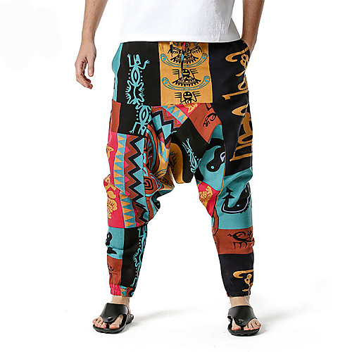 

Men's Folk Style Chino Harem Loose Pants Pattern Full Length Blue Red