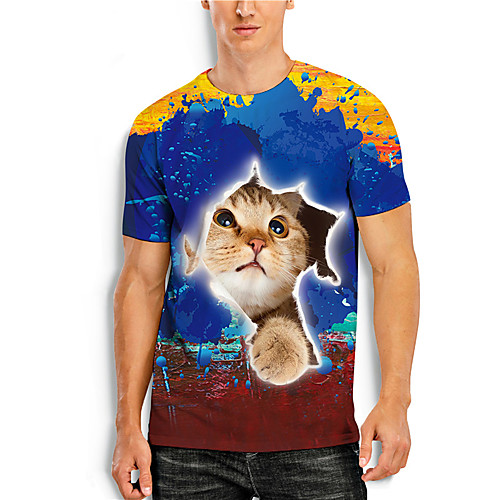 

Men's T shirt Shirt 3D Print Cat Graphic Prints Animal Cartoon Sporty Short Sleeve Daily Tops Basic Casual Round Neck Blue / Summer