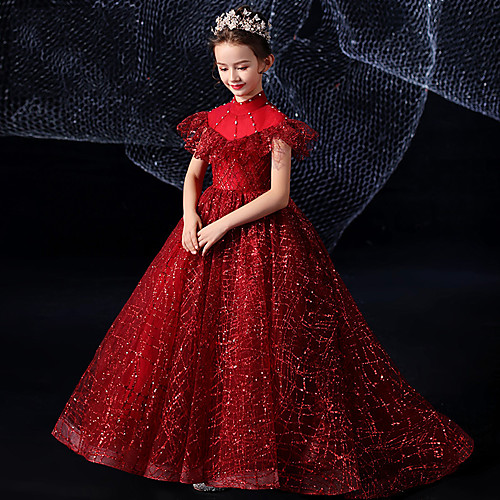 

Princess Ankle Length Flower Girl Dresses Party Tulle Cap Sleeve High Neck with Beading / Formal Evening