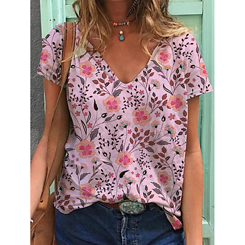 

Women's T shirt Floral Print V Neck Tops Cotton Basic Basic Top Blushing Pink