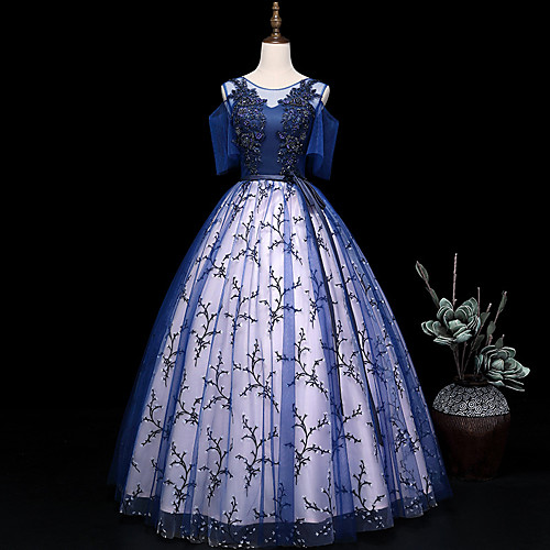 

A-Line Elegant Floral Quinceanera Prom Dress Illusion Neck Short Sleeve Floor Length Tulle with Appliques 2021