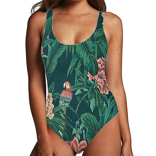 

Women's One Piece Monokini Swimsuit Tummy Control Print Floral Leaf Green Rainbow Light Green Swimwear Bodysuit Strap Bathing Suits New Fashion Sexy / Padless