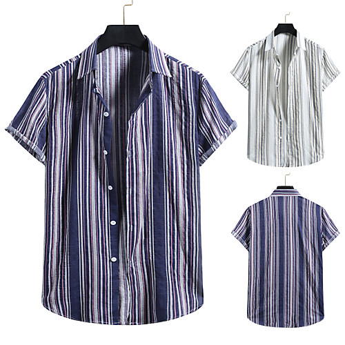 

Men's Shirt Other Prints Striped Print Short Sleeve Casual Tops Beach Hawaiian White Navy Blue
