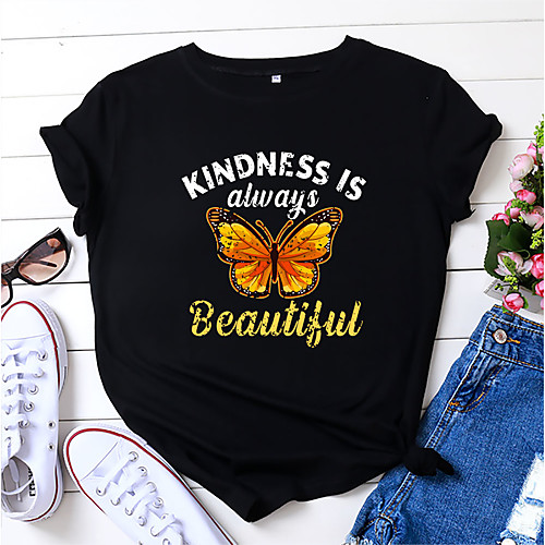 

Women's T shirt Graphic Butterfly Letter Print Round Neck Tops 100% Cotton Basic Basic Top White Black Blue
