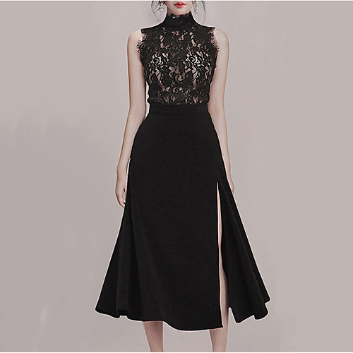 

Two Piece Vintage Sexy Wedding Guest Prom Dress High Neck Sleeveless Tea Length Chiffon Lace with Split Lace Insert 2021