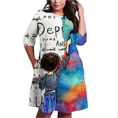 

Women's Plus Size Dress Shift Dress Knee Length Dress 3/4 Length Sleeve Print Color Block Print Casual Fall Spring Summer Blue XL XXL 3XL 4XL 5XL