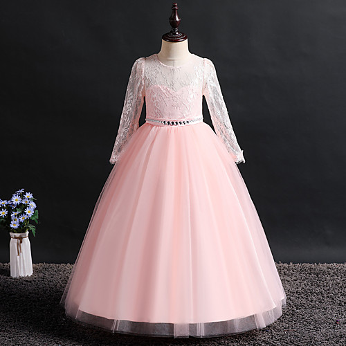 

Princess Floor Length Flower Girl Dresses Party Lace Long Sleeve Jewel Neck with Beading