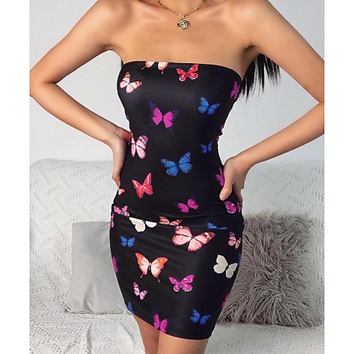 

Women's A Line Dress Short Mini Dress Black Sleeveless Print Summer Strapless Elegant 2021 S M L