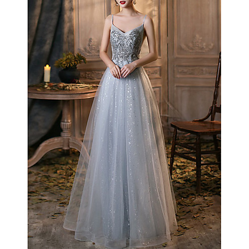 

A-Line V Neck Floor Length Tulle Bridesmaid Dress with Sequin / Appliques / Sparkle & Shine