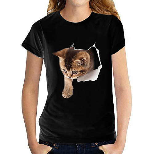 

Women's 3D Cat T shirt Cat Graphic 3D Print Round Neck Basic Tops 100% Cotton White Black