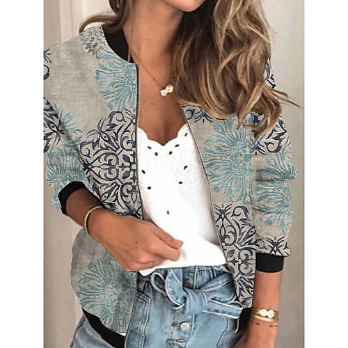 

Women's Jacket Daily Spring & Fall Regular Coat Regular Fit Active Streetwear Jacket Long Sleeve Print Print Light gray / Holiday