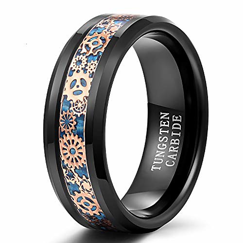 

trumium 8mm mens tungsten ring gear steampunk wheel carbon fiber inlay wedding band black comfort fit size 8.5