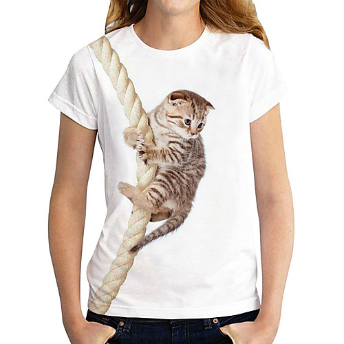 

Women's 3D Cat T shirt Cat Graphic 3D Print Round Neck Basic Tops White