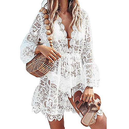 

Women's Cover Up Beach Dress Swimsuit UV Protection Full Coverage Hollow Out White Swimwear Bathing Suits / Beach Wear / Knitted / Cotton