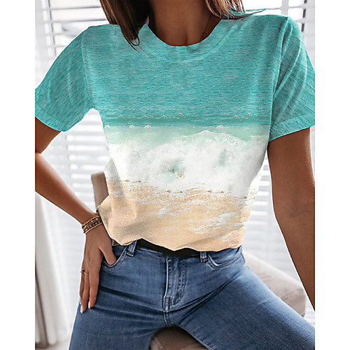 

Women's Going out 3D Printed Painting T shirt Graphic Scenery Print Round Neck Basic Tops Blue Green Light Blue