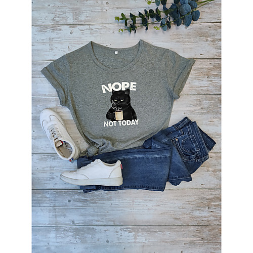 

Women's T shirt Cat Text Letter Print Round Neck Tops 100% Cotton Basic Basic Top White Black Purple