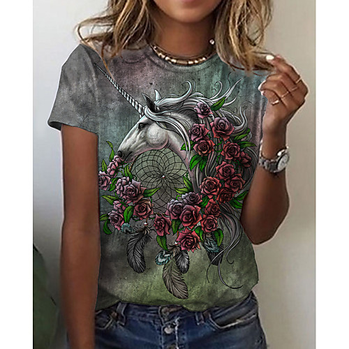 

Women's Floral Theme 3D Printed Painting T shirt Floral Graphic Animal Print Round Neck Basic Tops Purple
