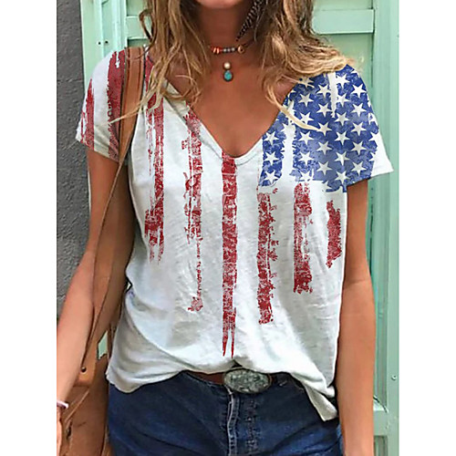 

Women's T shirt Flag Print V Neck Tops Cotton Basic Basic Top White